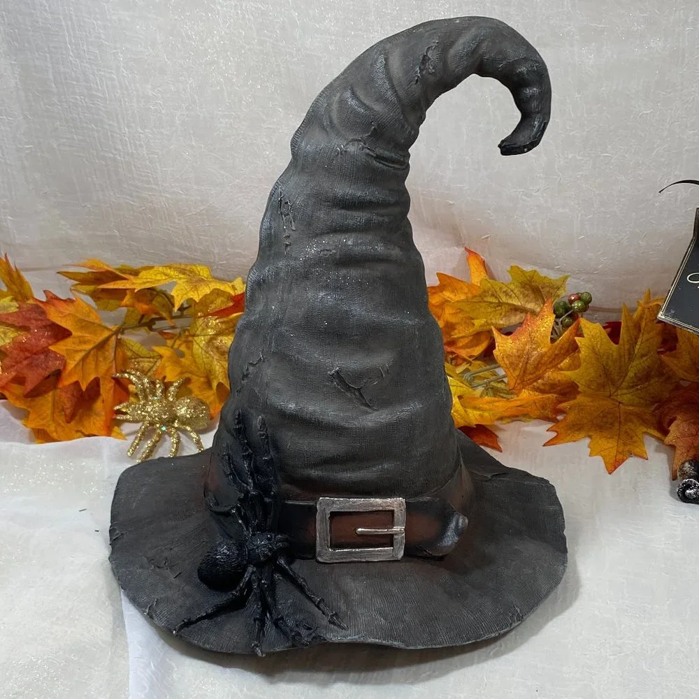 Witch Hat Halloween Prop Decor Gray Stitches Spider Centerpiece Resin Large 14